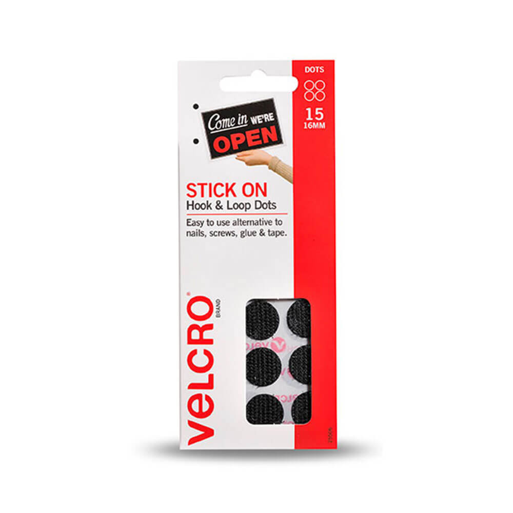 Velcro Stick On Hook & Loop Dots 15pk 16mm (Black)