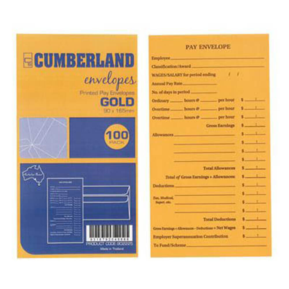 Cumberland Printed Pay Envelopes 100pk 90x165mm (Gold)