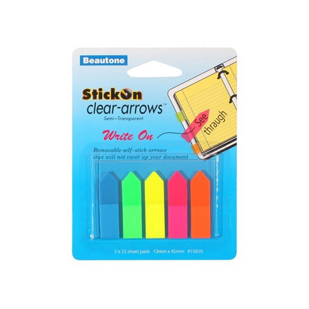Beautone Stick On Clear Arrows 125 Sheets 12x45mm (5 Colour)