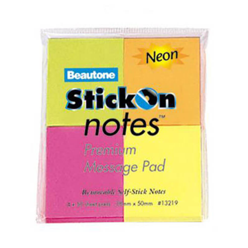 Beautone Stick On Notes 200 Sheets 38x50mm Neon (4 Colours)