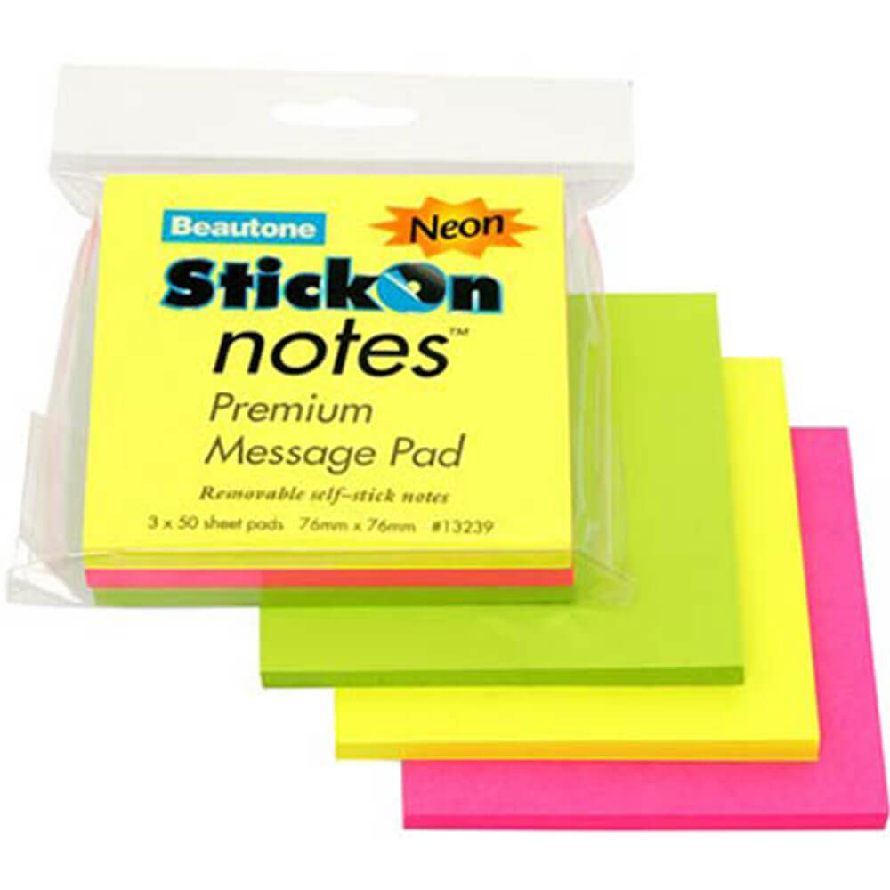 Beautone Stick On Notes 150 Sheets 76x76mm (3 Colours)