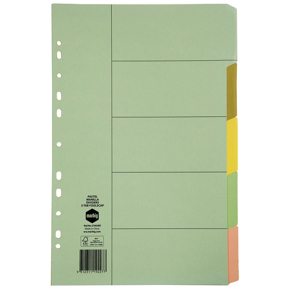 Marbig 5 onglets intercalaires manille Foolscap (pastel)