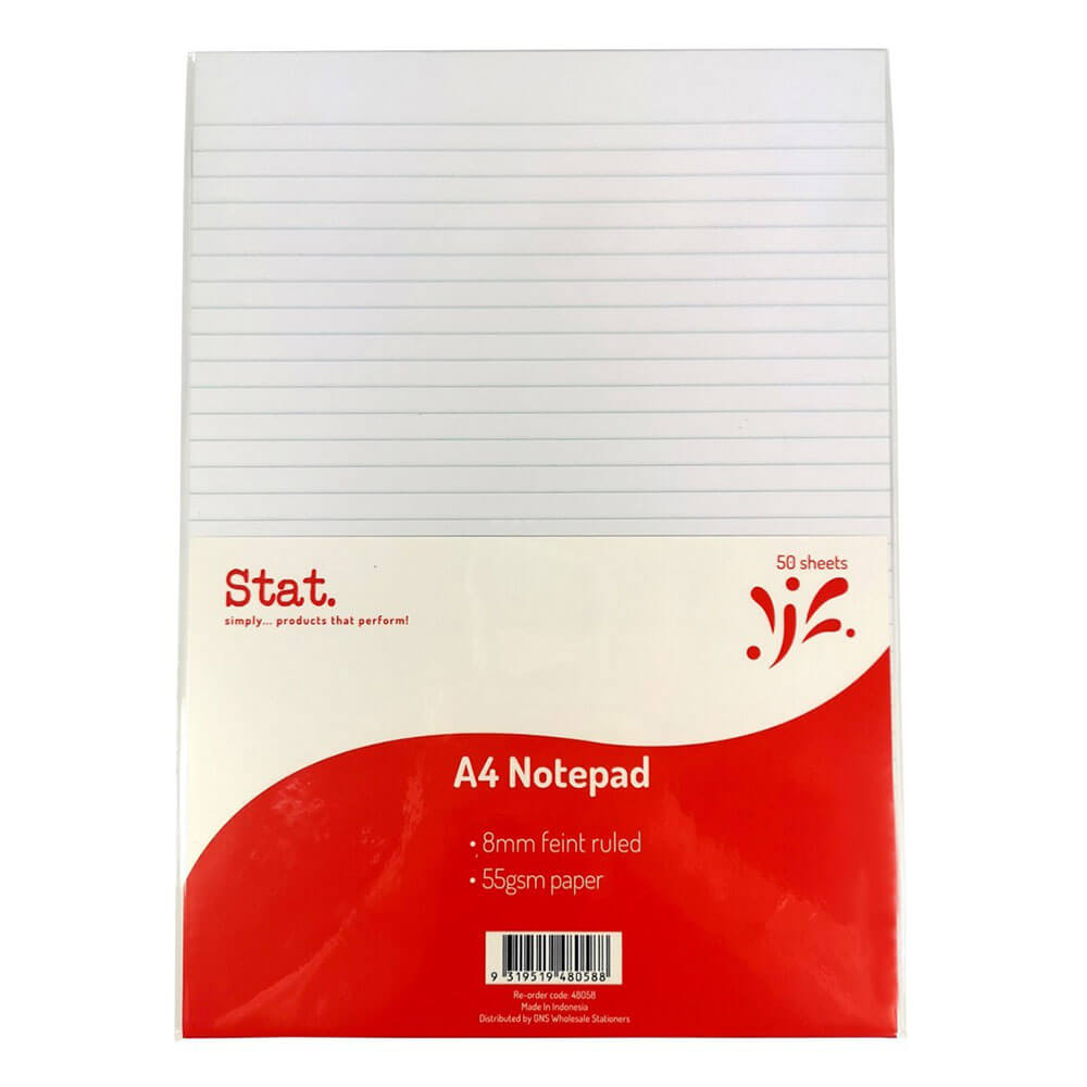 Stat Notepad 8mm Ruled 50 Sheets A4 (White)