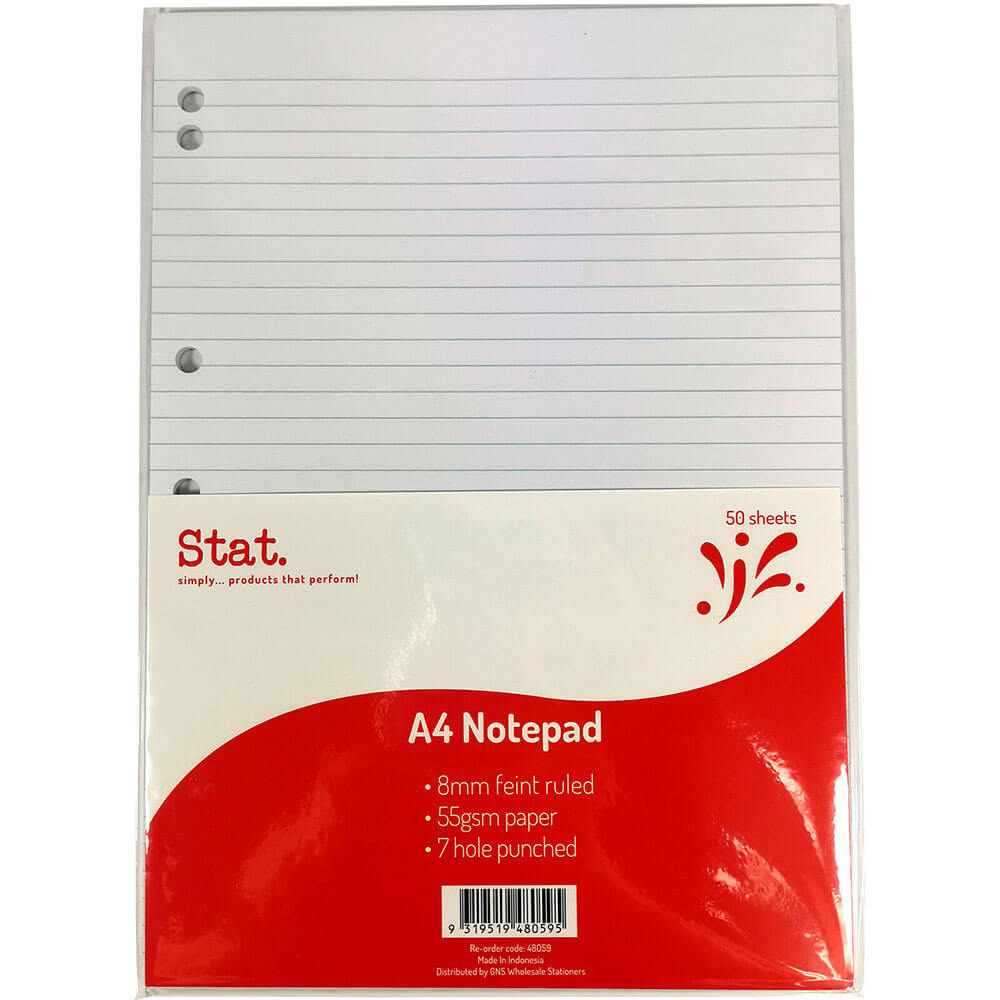 Stat Notepad 8mm Ruled 50 Sheets A4 (White)