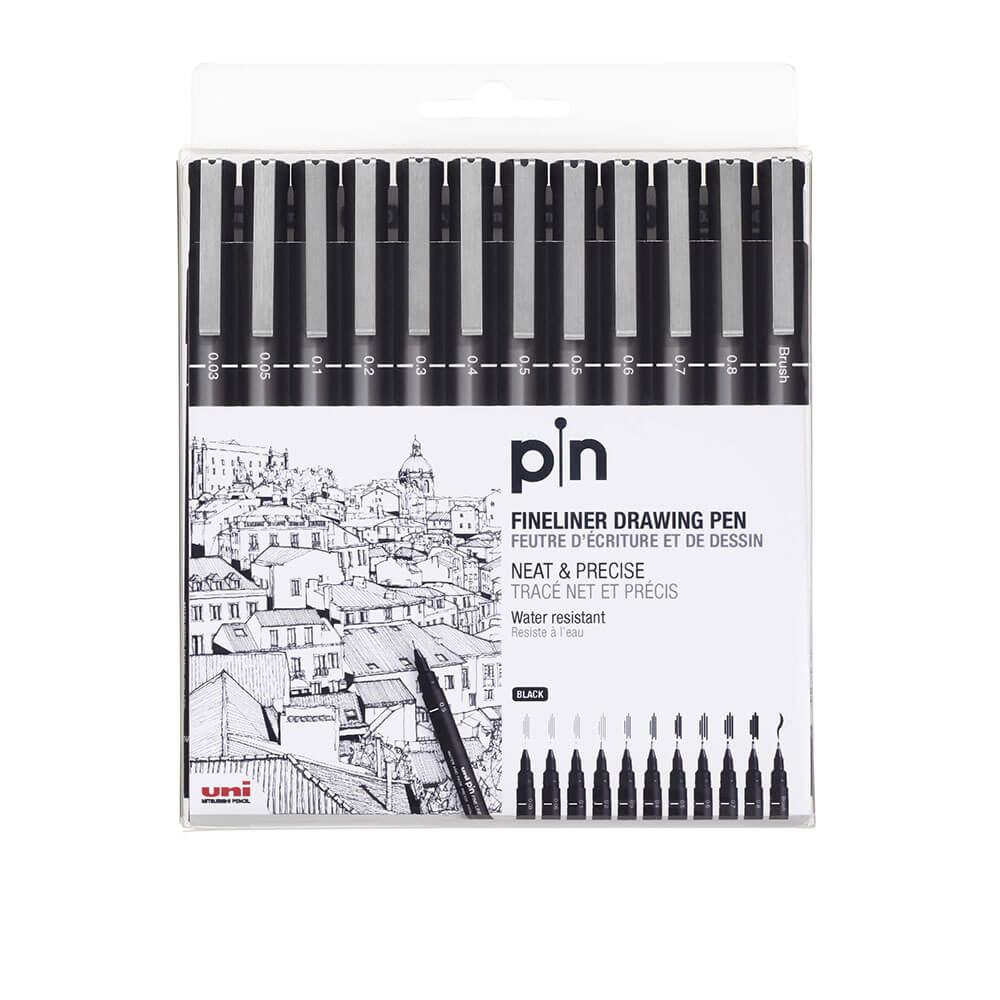 Uni Pin Feinlinien-Zeichenstift, 12 Stück (schwarz)