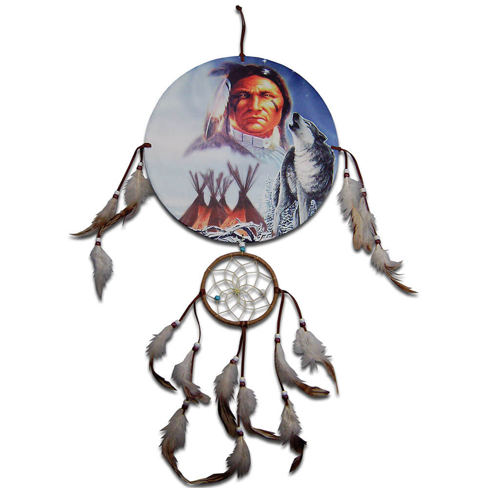 Indian Chief, Wolf and Teepees Dreamcatcher